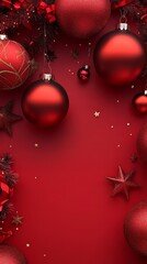 Christmas red background with christmas balls, stars and decoration. christmas wallpaper. Ultra realistic. Photorealistic