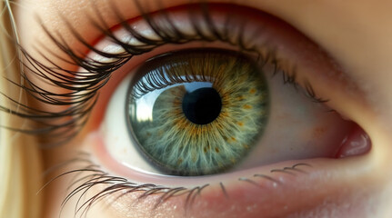 Fototapeta premium Close-Up of Beautiful Green and Brown Eye with Detailed Iris and Pupil - Gros plan sur l'œil humain avec pupille détaillée