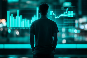 Person's torso illuminated by glowing financial projections showcasing futuristic data-driven insights and innovative analytics