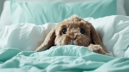 A cute plush rabbit peeks from soft bedding, giving an inviting and playful vibe in a serene room, illuminated by a gentle, soothing light.