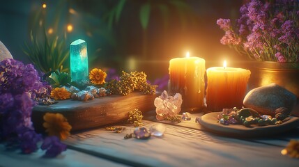 Mystical Candlelit Setup with Crystals and Flowers on Wooden Table for Relaxation : Generative AI