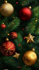 Naklejka premium Christmas tree ornaments background holiday. christmas wallpaper. Ultra realistic. Photorealistic