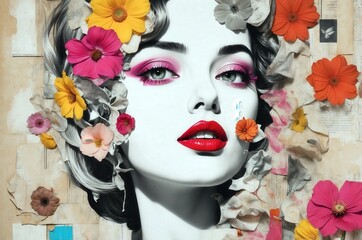 Abstract vintage trendy collage paper art of a woman with botanical flowers decoration.
