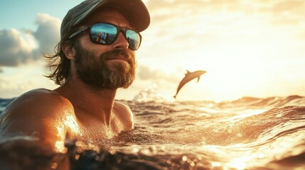 A bearded man takes a playful selfie in the ocean as a dolphin leaps through the air behind him against a vibrant sunset, capturing joy and freedom in the moment.