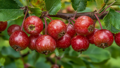 Obraz premium Macro photography of vibrant red berries clustered on the branches of an apple tree, capturing the vivid clarity and rich texture, natural beauty.