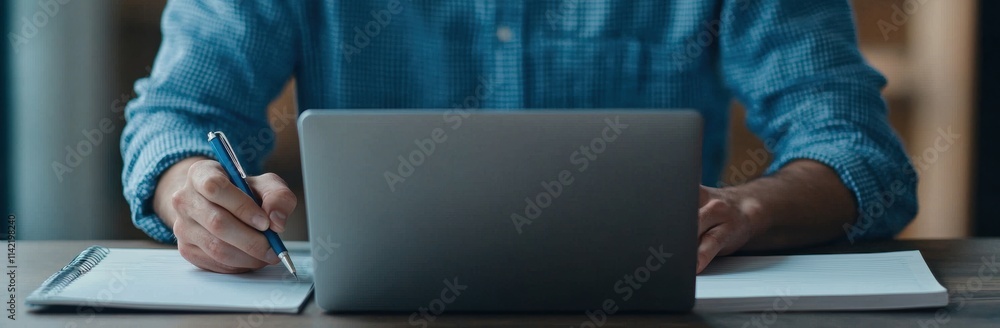 Poster man writing notes while using laptop on wooden table surface