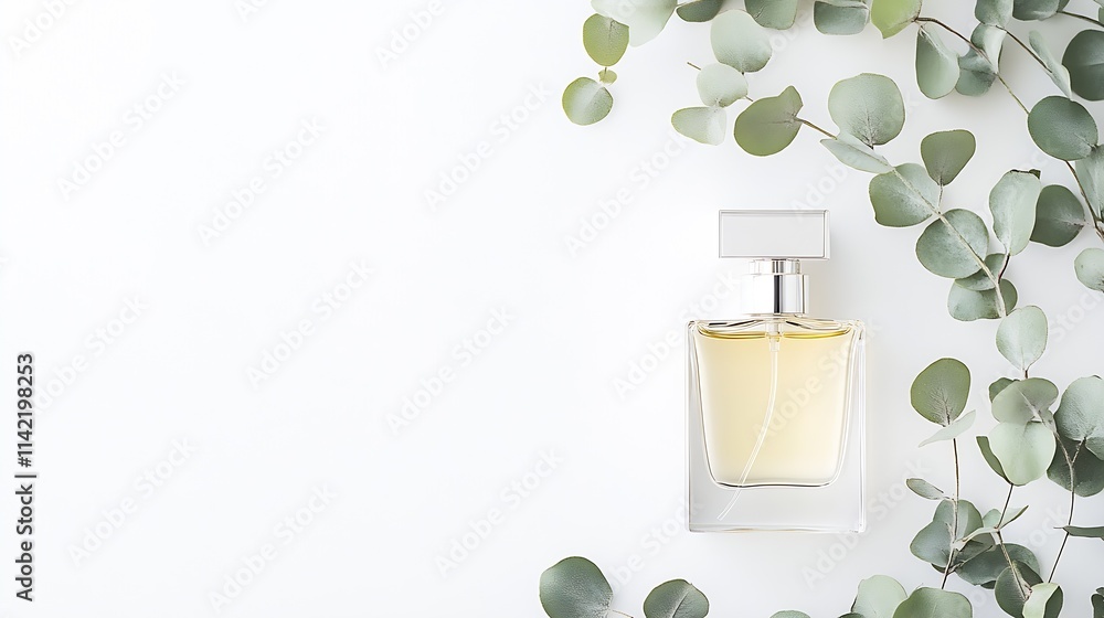 Poster elegant perfume bottle with eucalyptus leaves on minimal white background : generative ai