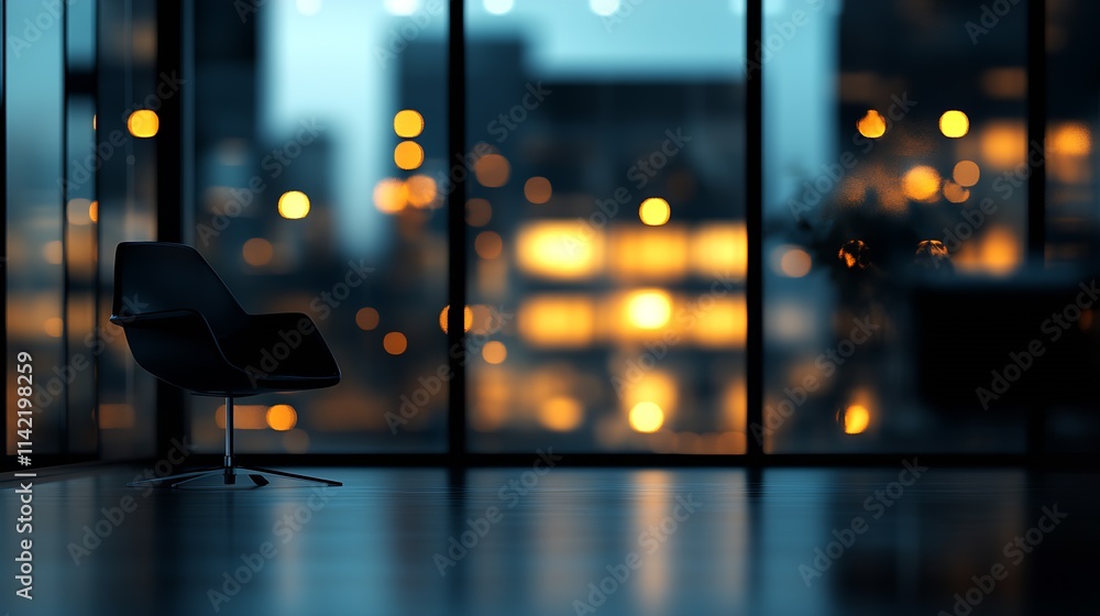 Poster modern office lounge with bokeh evening cityscape view for a stylish and cozy workspace retreat : ge