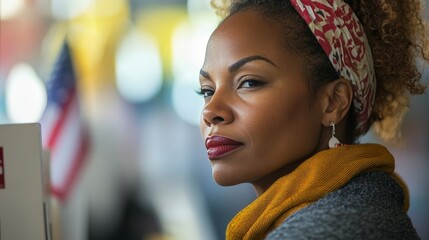 African-American Woman Voting in Patriotic Election Booth