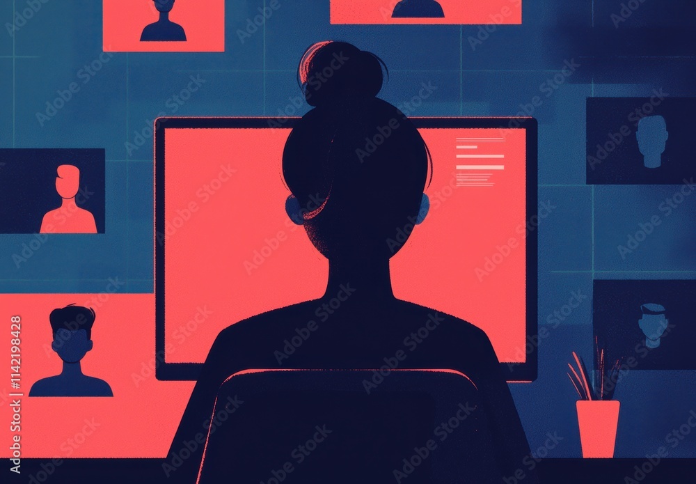 Poster woman working on computer with virtual profiles in background
