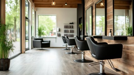A sleek modern salon interior features stylish black chairs, large mirrors, and abundant natural light streaming through large windows, creating a fresh style.