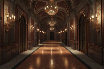 Obraz premium Ornate hallway, chandeliers, marble floor, dark wood.
