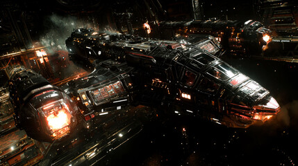 Spaceship hangar, fiery engines.