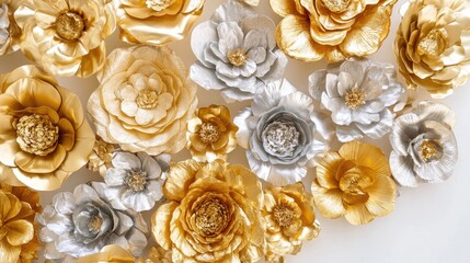 Fototapeta premium Elegant Gold and Silver Paper Flowers for Decorative Background