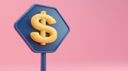Obraz premium 3D dollar sign on a hexagonal sign against a pink background.