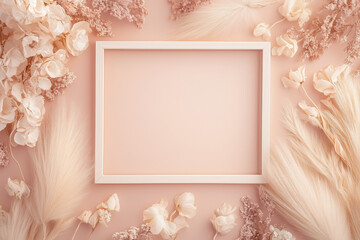 Vintage Square Frame with Minimal Pampas Grass and Dried Flowers, Light Blue Background Photo Backdrop, Elegant and Soft Photoshoot Setting

