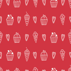 Valentine's Day outline seamless pattern with ice cream, hearts and cupcakes on red background. Perfect for wallpaper, gift paper, romantic greeting cards. Vector hand drawn illustration
