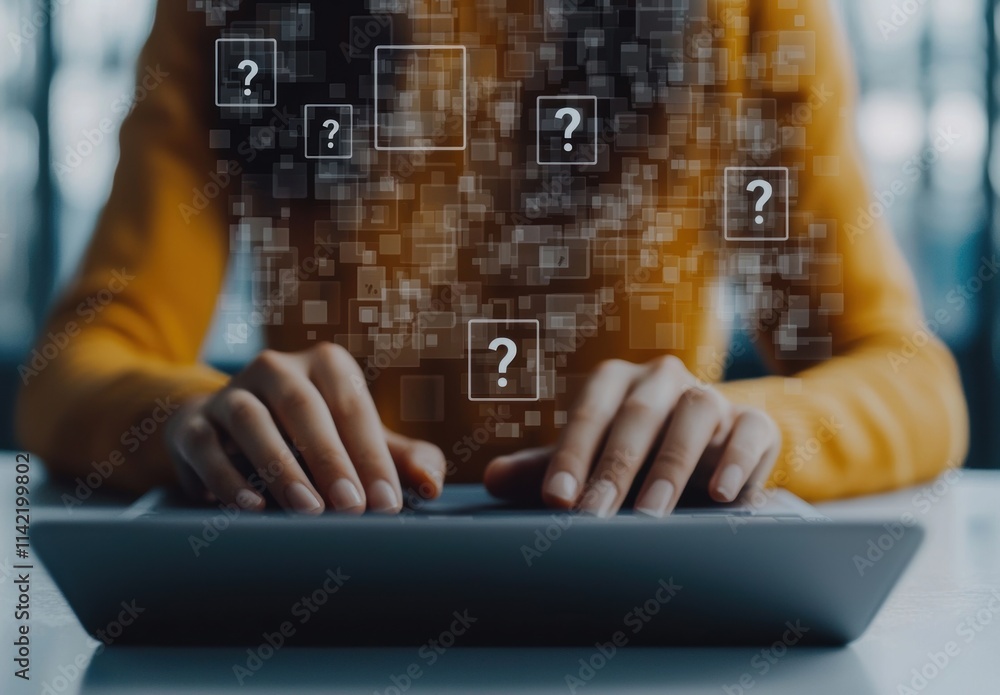 Aufkleber person using laptop with abstract question marks in background