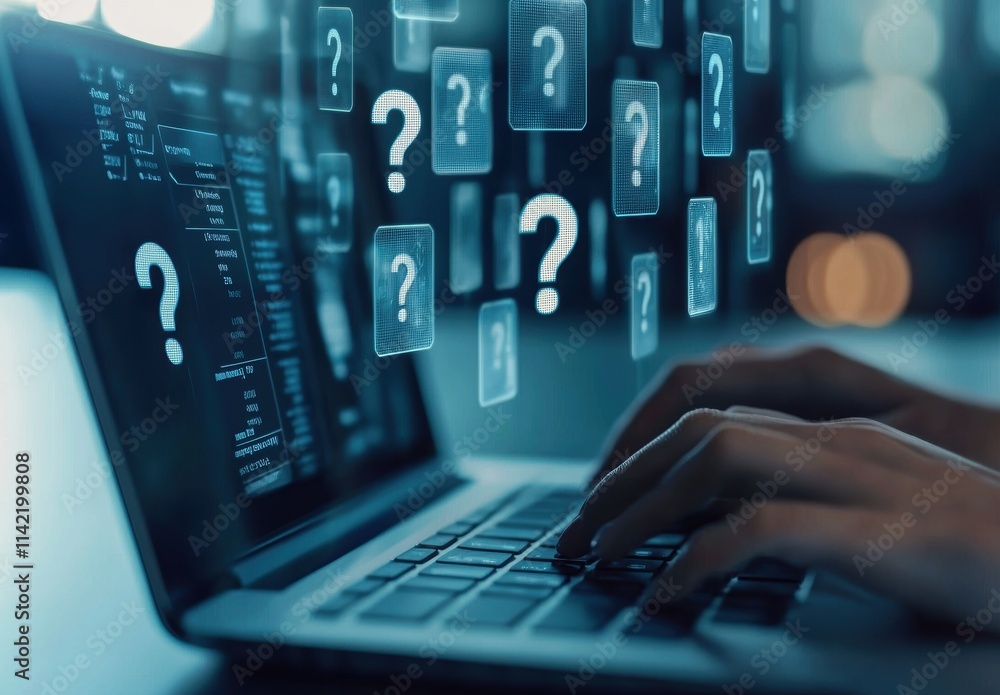 Poster hands typing on laptop with digital question marks and code