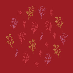 Valentine's Day outline greeting card with flowers, berries and hearts on red background. Circle ornament. Perfect for seasonal holidays and romantic decorations. Vector illustration