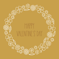 Valentine's Day outline greeting card with flowers, leaves, hearts and roses on yellow background. Perfect for seasonal holidays and decorations. Hand drawn frame, wreath