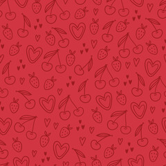 Valentine's Day outline seamless pattern with hearts, strawberries and cherries on red background. Perfect for wallpaper, gift paper, romantic greeting cards. Vector hand drawn illustration