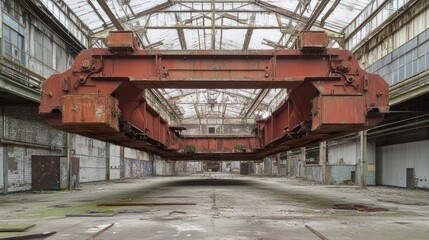 Fototapeta premium Abandoned Industrial Space with Rusty Crane in Empty Warehouse