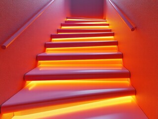 Obraz premium Minimalist Stairs with Sunset Hues Interior Space Architectural Photography Warm Ambiance Low Angle Serenity