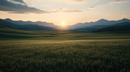 Scenic Sunset Over Rolling Hills with Mountain Range in the Background : Generative AI