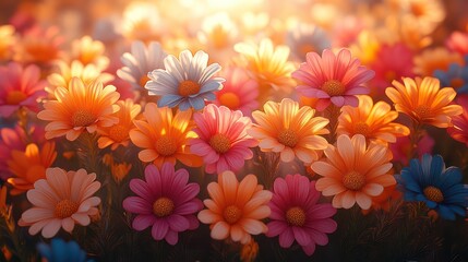 Fototapeta premium Vibrant Sunset Bloom: A Field of Colorful Flowers at Golden Hour