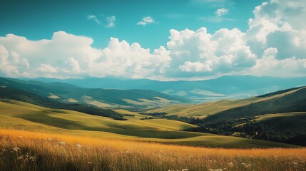 Obraz premium Scenic Mountain Meadow with Lush Valleys and Rolling Hills Under Blue Sky : Generative AI