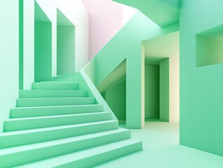 Abstract Geometric Staircase Design in Mint Green Digital Art Modern Architecture Minimalist Environment Aesthetic Perspective