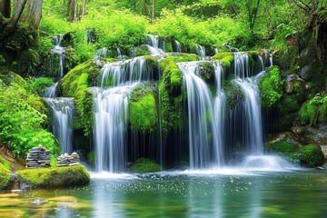 Obraz premium Serene waterfall cascading over moss-covered rocks in lush green forest, with small stone stacks at the base.