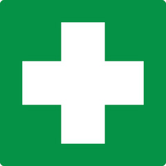 Fototapeta premium Green sign first aid. Indications the location equipment, means or premises related to the provision of first aid. Safety symbol. Green directional sign. Safety first. First aid station. Iso 7010.