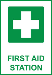 Green sign first aid. Indications the location equipment, means or premises related to the provision of first aid. Safety symbol. Green directional sign. Safety first. First aid station. Iso 7010.