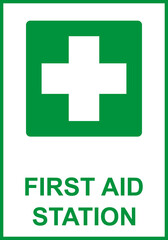 Fototapeta premium Green sign first aid. Indications the location equipment, means or premises related to the provision of first aid. Safety symbol. Green directional sign. Safety first. First aid station. Iso 7010.