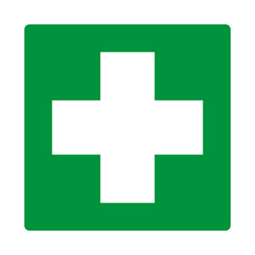 Green sign first aid. Indications the location equipment, means or premises related to the provision of first aid. Safety symbol. Green directional sign. Safety first. First aid station. Iso 7010.