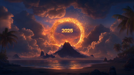 Volcanic island sunset New Year celebration