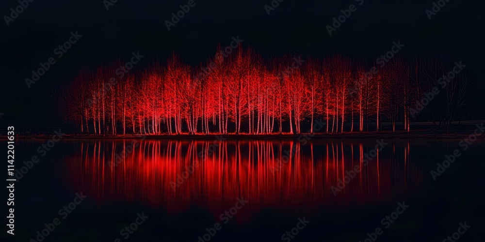 Poster forest of trees with red leaves and a body of water in the background
