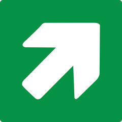 Green sign right arrow. Arrow pointing up to the right. Arrow 45° degrees. Direction movement to exit or shelter in an emergency. Movement to a safe area. Nearest safe point or exit. ISO 7010.