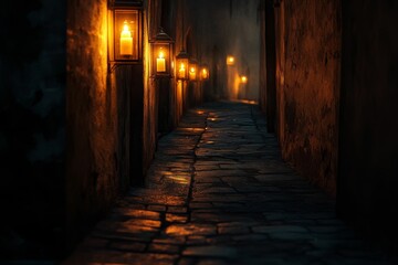 Cobblestone alleyway, candlelit lanterns, dark ambiance.