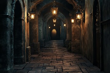 Stone passageway, lit lanterns, ancient architecture.