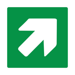 Green sign right arrow. Arrow pointing up to the right. Arrow 45° degrees. Direction movement to exit or shelter in an emergency. Movement to a safe area. Nearest safe point or exit. ISO 7010.