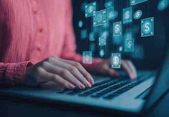 Woman Using Laptop with Digital Money Icons for Financial Concepts