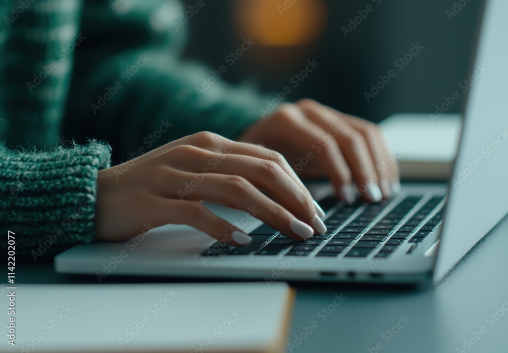 Poster hands typing on laptop in modern workspace with soft light