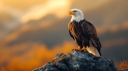 Fototapeta premium A majestic bald eagle perches regally on a rocky outcrop against a blurred mountain landscape, its detailed feathers and sharp yellow beak highlighted in dramatic golden hour lighting.