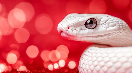 Obraz premium White Albino Snake on Red Bokeh Background