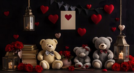 Romantic idea to decorate the living room for Valentine's Day. And the room is decorated with some teddy bears, red roses. Creates a romantic atmosphere to remember and celebrate Valentine's Day.