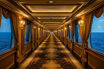 Ornate corridor, ocean view, golden decor, carpet.