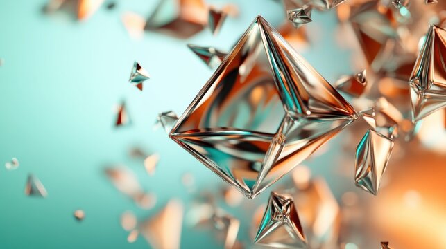 An array of shiny metallic geometric shapes float in a soft turquoise and amber background, creating a sense of dynamic movement and futuristic abstraction.